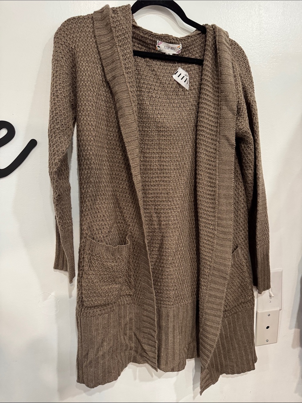 Pink Rose Long Open-Front Hooded Cardigan in Taupe